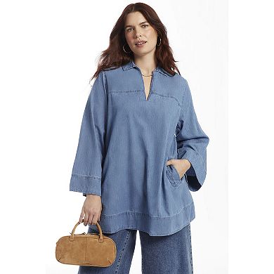 June + Vie Women's Plus Size Cotton Denim Blouse
