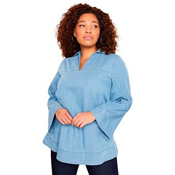 June + Vie Women's Plus Size Cotton Denim Blouse