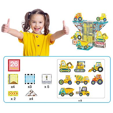 PicassoTiles 26 PC Construction Themed, Magnetic Tiles, Magnetic Building Blocks for Kids 3+