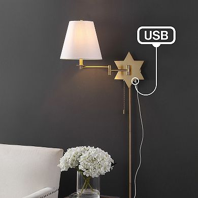 18.5" 1-light Swing Arm Plug-in Or Hardwired Iron Led Star Wall Sconce, Pull-chain, Usb Port