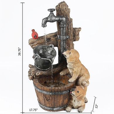 LuxenHome Resin Puppies And Water Pump Outdoor Patio Fountain With Led Light