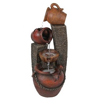 LuxenHome Rustic Resin Pots And Posts Outdoor Fountain