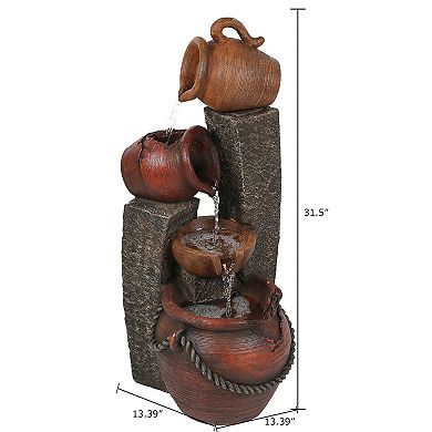 LuxenHome Rustic Resin Pots And Posts Outdoor Fountain