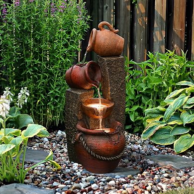 LuxenHome Rustic Resin Pots And Posts Outdoor Fountain