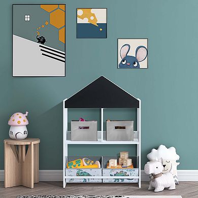 LuxenHome Kids House Bookcase Toy Storage Bin Floor Cabinet With Blackboard