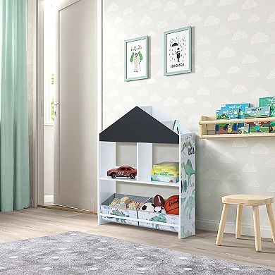 LuxenHome Kids House Bookcase Toy Storage Bin Floor Cabinet With Blackboard