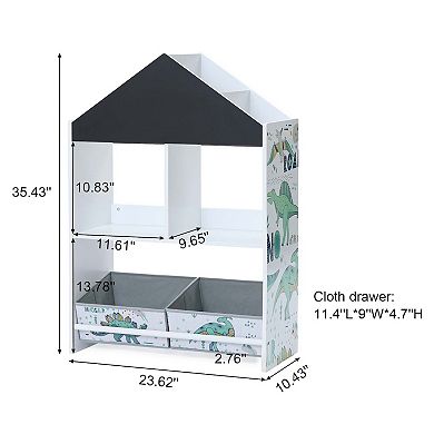 LuxenHome Kids House Bookcase Toy Storage Bin Floor Cabinet With Blackboard