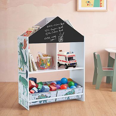 LuxenHome Kids House Bookcase Toy Storage Bin Floor Cabinet With Blackboard
