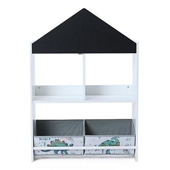 LuxenHome Kids House Bookcase Toy Storage Bin Floor Cabinet With Blackboard