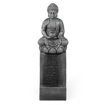 LuxenHome Resin Meditating Buddha On Column Lighted Outdoor Fountain
