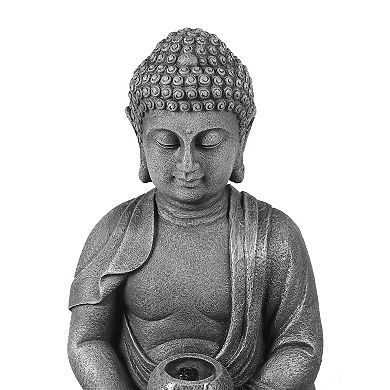 LuxenHome Resin Meditating Buddha On Column Lighted Outdoor Fountain
