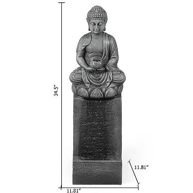 LuxenHome Resin Meditating Buddha On Column Lighted Outdoor Fountain