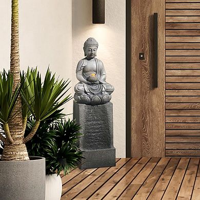 LuxenHome Resin Meditating Buddha On Column Lighted Outdoor Fountain