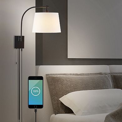 22.5" 1-light Plug-in Or Hardwired Iron Led Gooseneck Swing Arm Wall Sconce, Pull-chain, Usb Port