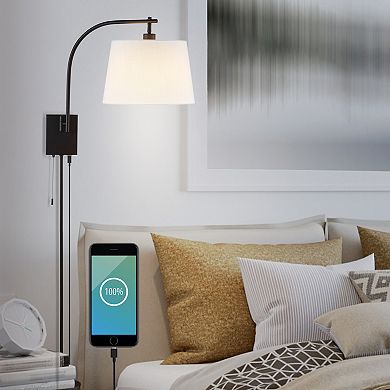 22.5" 1-light Plug-in Or Hardwired Iron Led Gooseneck Swing Arm Wall Sconce, Pull-chain, Usb Port