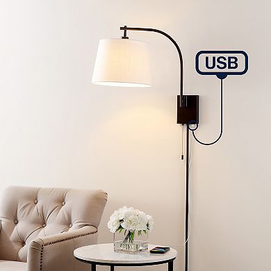 22.5" 1-light Plug-in Or Hardwired Iron Led Gooseneck Swing Arm Wall Sconce, Pull-chain, Usb Port