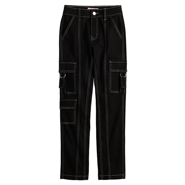 Girls 7-16 Gogo Star Black Straight Leg Belted Cargo Stretch