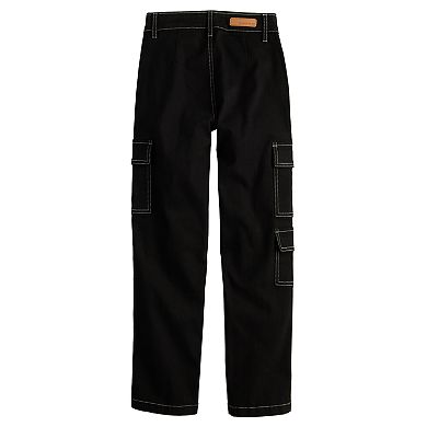 Girls 7-16 Gogo Star Black Straight Leg Belted Cargo Stretch Pants with Contrast Stitching