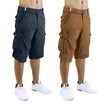 Men's Blu Rock 13.5" Distressed Cotton Cargo Shorts with Belt 2-Pack