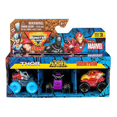 Monster Jam Marvel Thor, Black Panther & Iron Man Mini Monster Truck 3-Pack Set