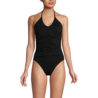 Women's Lands' End V-Neck Halter High Leg One-Piece Swimsuit
