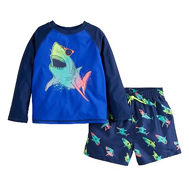Baby & Toddler Boy Jumping Beans Long Sleeve Rashguard & Swim Trunks Set