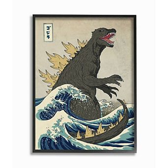 Stupell Home Decor Godzilla in the Waves Eastern Poster Framed Wall Art