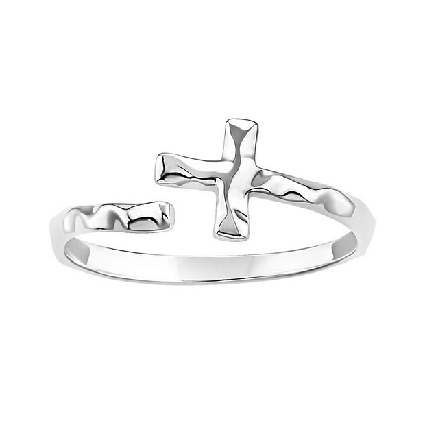PRIMROSE Sterling Silver Hammered Sideways Cross Bypass Ring