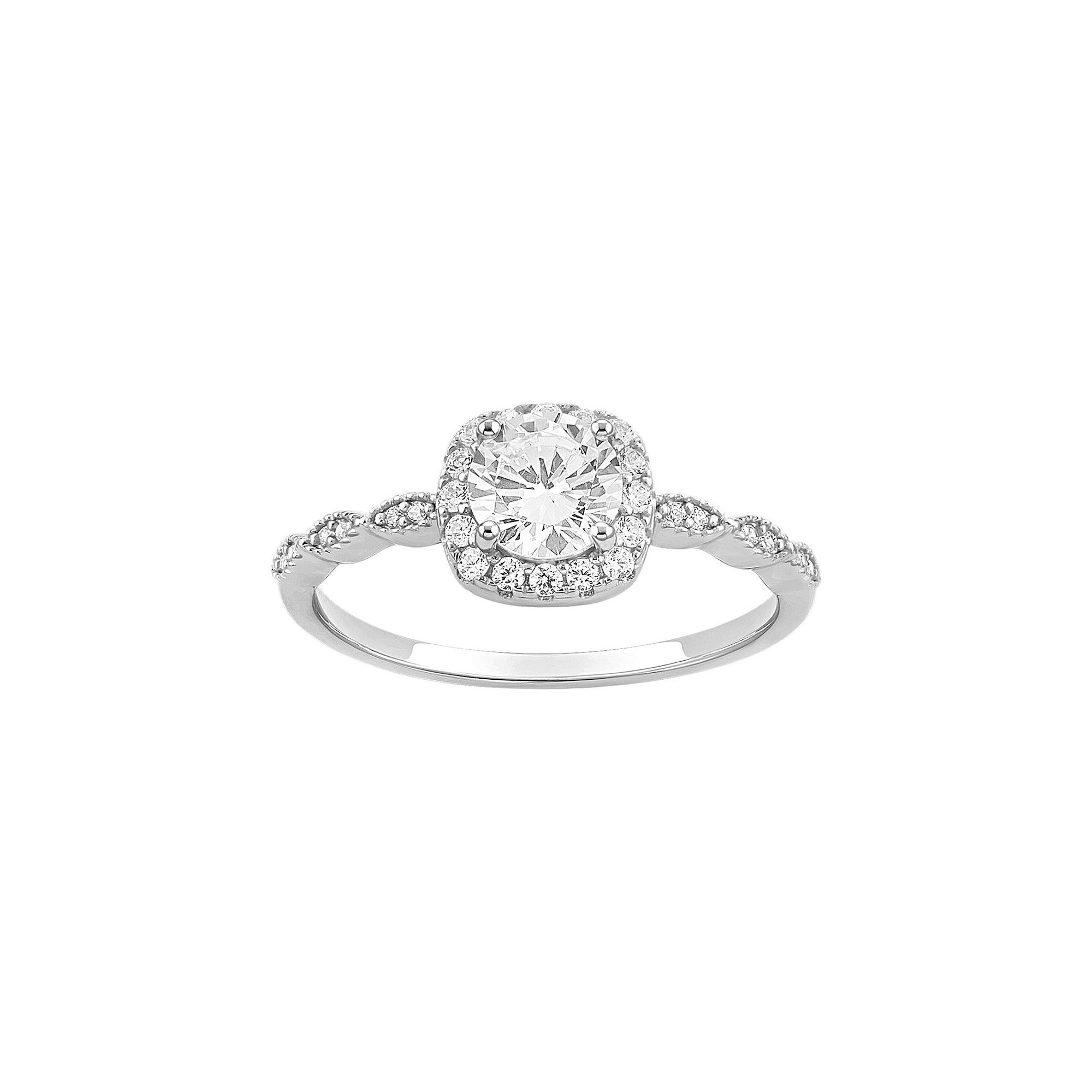 PRIMROSE Sterling Silver Cubic Zirconia Cushion Shape Halo Ring, Womens, S
