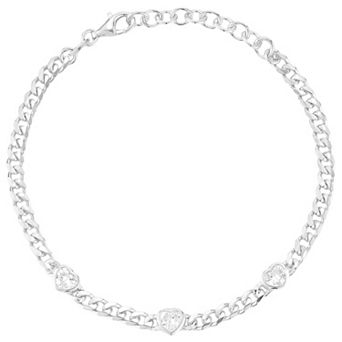 Sunkissed Sterling Cubic Zirconia Tri-Heart Curb Chain Bracelet