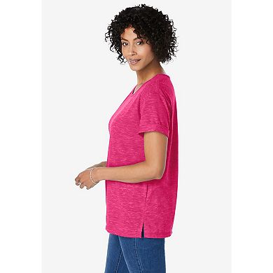 Woman Within Plus Size Marled Cuffed-Sleeve Tee