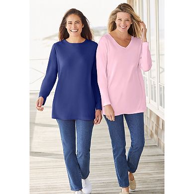 Woman Within Plus Size Perfect Long-Sleeve V-Neck Tee