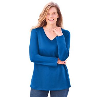 Woman Within Plus Size Perfect Long-Sleeve V-Neck Tee