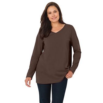 Woman Within Plus Size Perfect Long-Sleeve V-Neck Tee