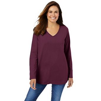 Woman Within Plus Size Perfect Long-Sleeve V-Neck Tee