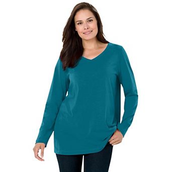 Woman Within Plus Size Perfect Long-Sleeve V-Neck Tee