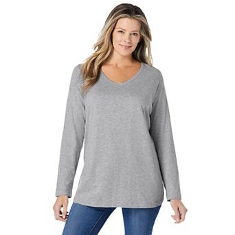 Woman Within Plus Size Perfect Long-Sleeve V-Neck Tee