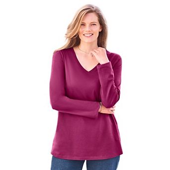 Woman Within Plus Size Perfect Long-Sleeve V-Neck Tee