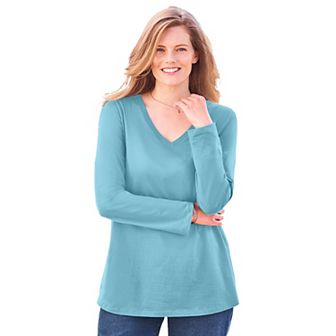 Woman Within Plus Size Perfect Long-Sleeve V-Neck Tee