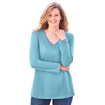 Woman Within Plus Size Perfect Long-Sleeve V-Neck Tee