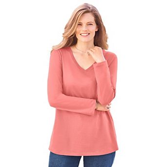 Woman Within Plus Size Perfect Long-Sleeve V-Neck Tee
