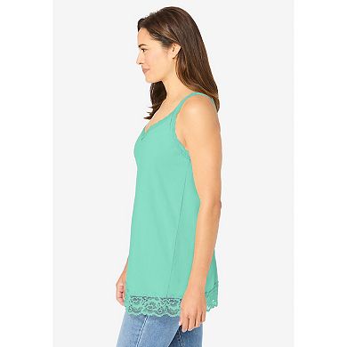 Woman Within Plus Size Lace-Trim V-Neck Tank