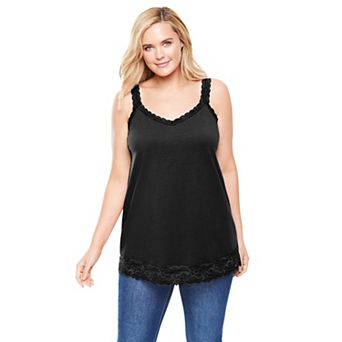 Woman Within Plus Size Lace-Trim V-Neck Tank