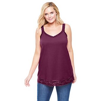 Woman Within Plus Size Lace-Trim V-Neck Tank