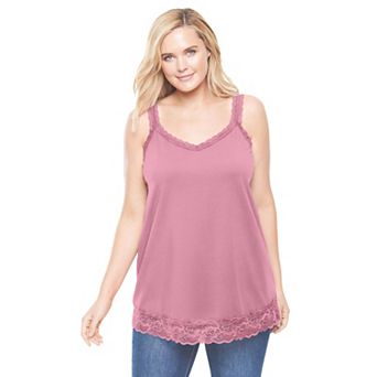 Woman Within Plus Size Lace-Trim V-Neck Tank