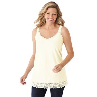 Woman Within Plus Size Lace-Trim V-Neck Tank