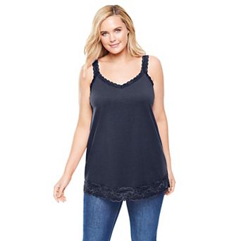 Woman Within Plus Size Lace-Trim V-Neck Tank
