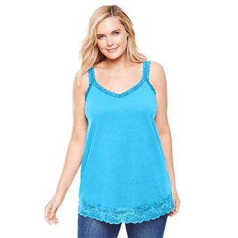 Woman Within Plus Size Lace-Trim V-Neck Tank