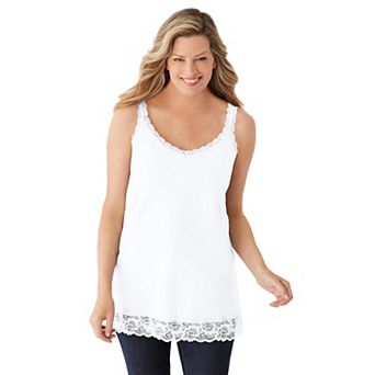 Woman Within Plus Size Lace-Trim V-Neck Tank