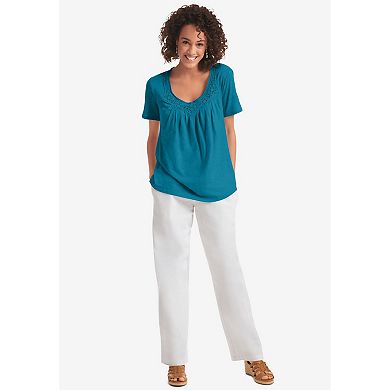 Woman Within Women's Plus Size Crochet-Trim Knit Top